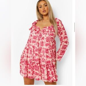 Boohoo Pink Floral Deep Smock Babydoll Vneck Flowy Long Sleeve Dress with Slip